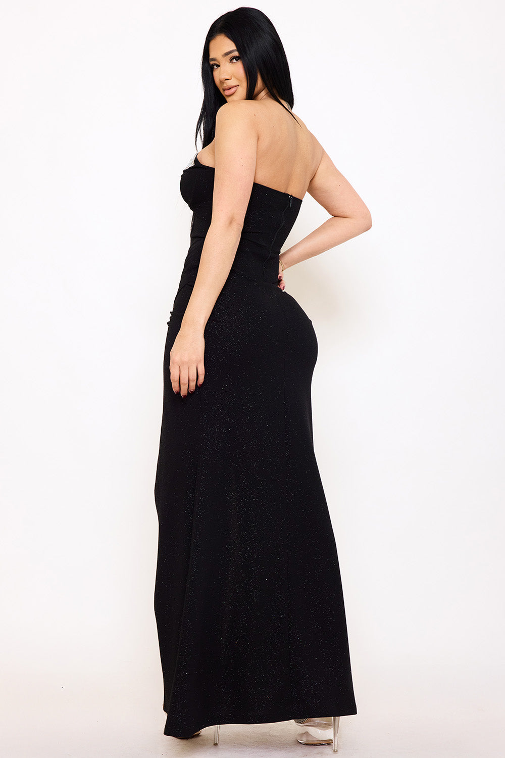 Symphony Dress - Rhinestone Trim On Bust Glittered Maxi Dress | Zezebe