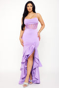 Symphony Dress - Satin Mesh Bustier Double Layer Ruffle Maxi Dress | Zezebe