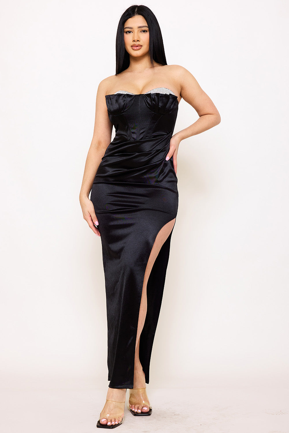 Symphony Dress - Pleated Cup With Rhinestone Satin Maxi Dress | Zezebe