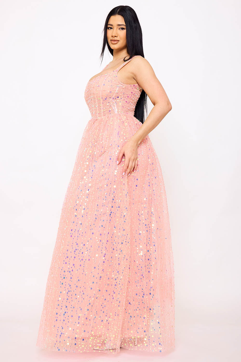Symphony Dress - Sequins On Mesh Ball Gown Maxi Dress | Zezebe