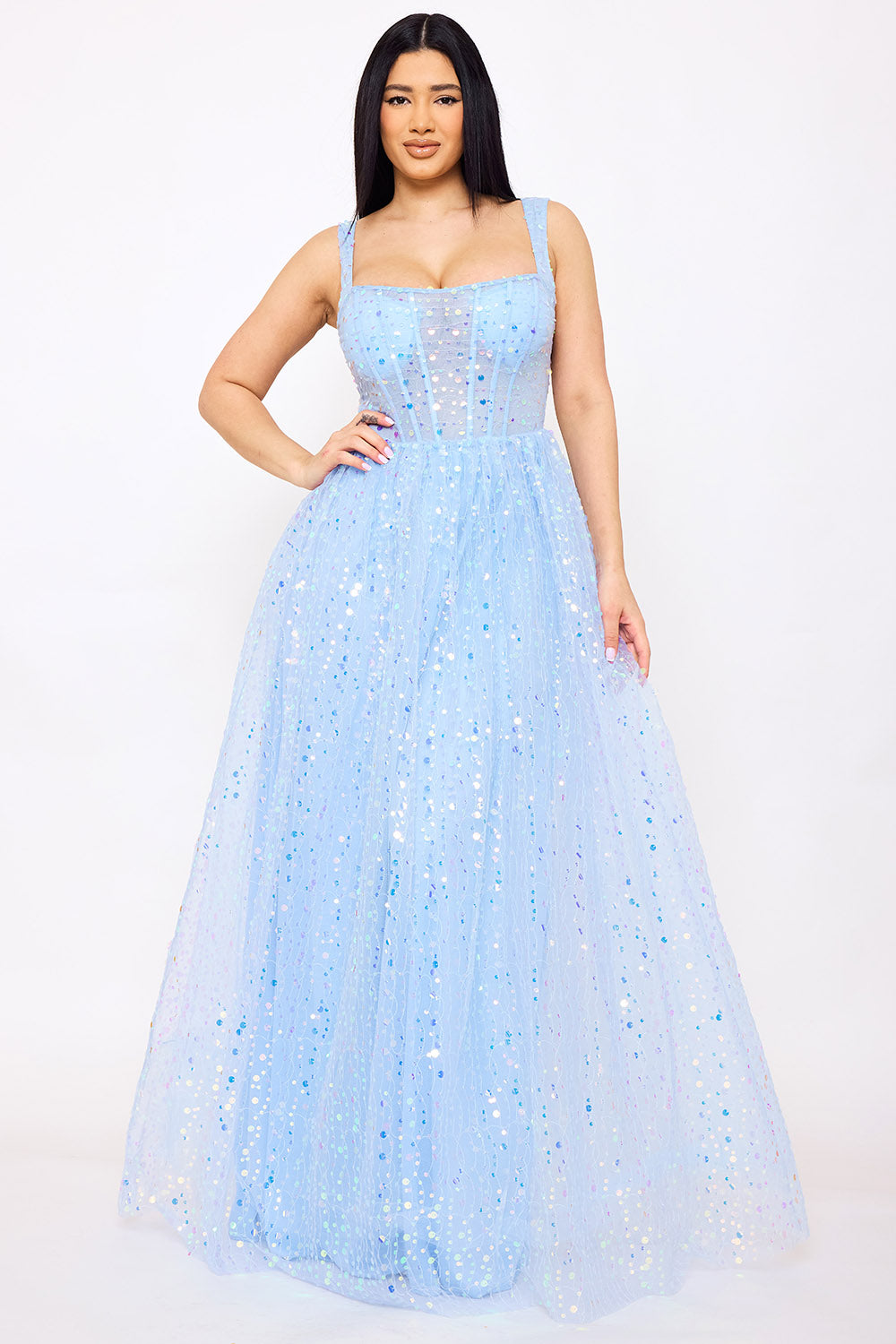 Symphony Dress - Sequins On Mesh Ball Gown Maxi Dress | Zezebe