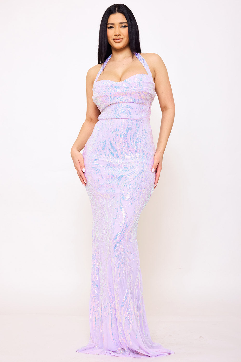 Symphony Dress - Patterned Sequin Mermaid Halter Top Maxi Dress | Zezebe