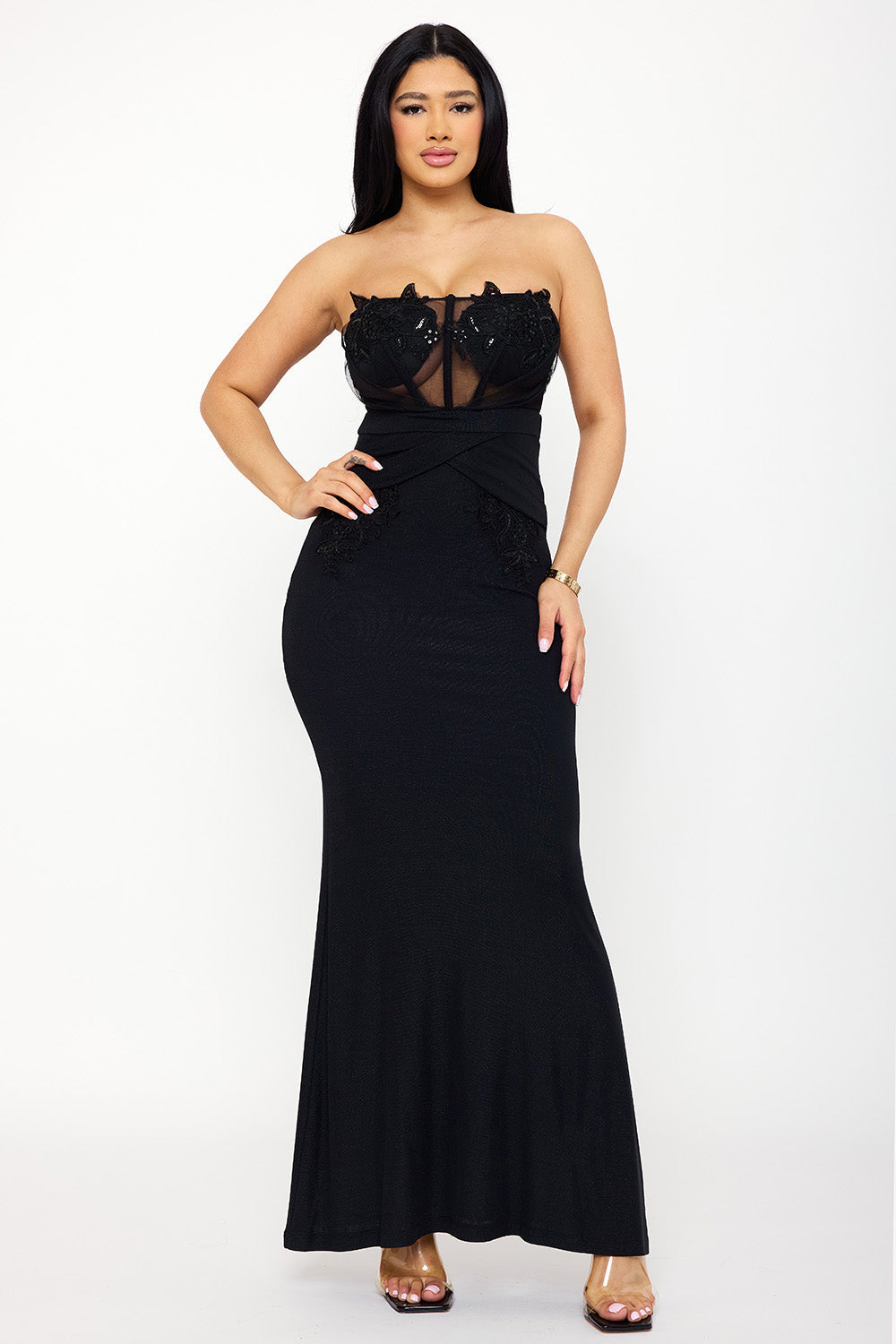 Symphony Dress - Floral Embroidered Applique Top Maxi Dress | Zezebe
