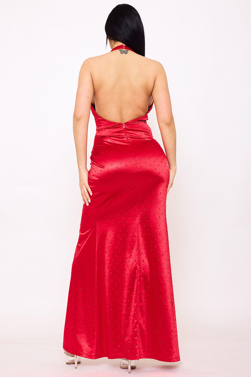 Symphony Dress - Rhinestone On Satin Wrap Halter Neck Maxi Dress | Zezebe