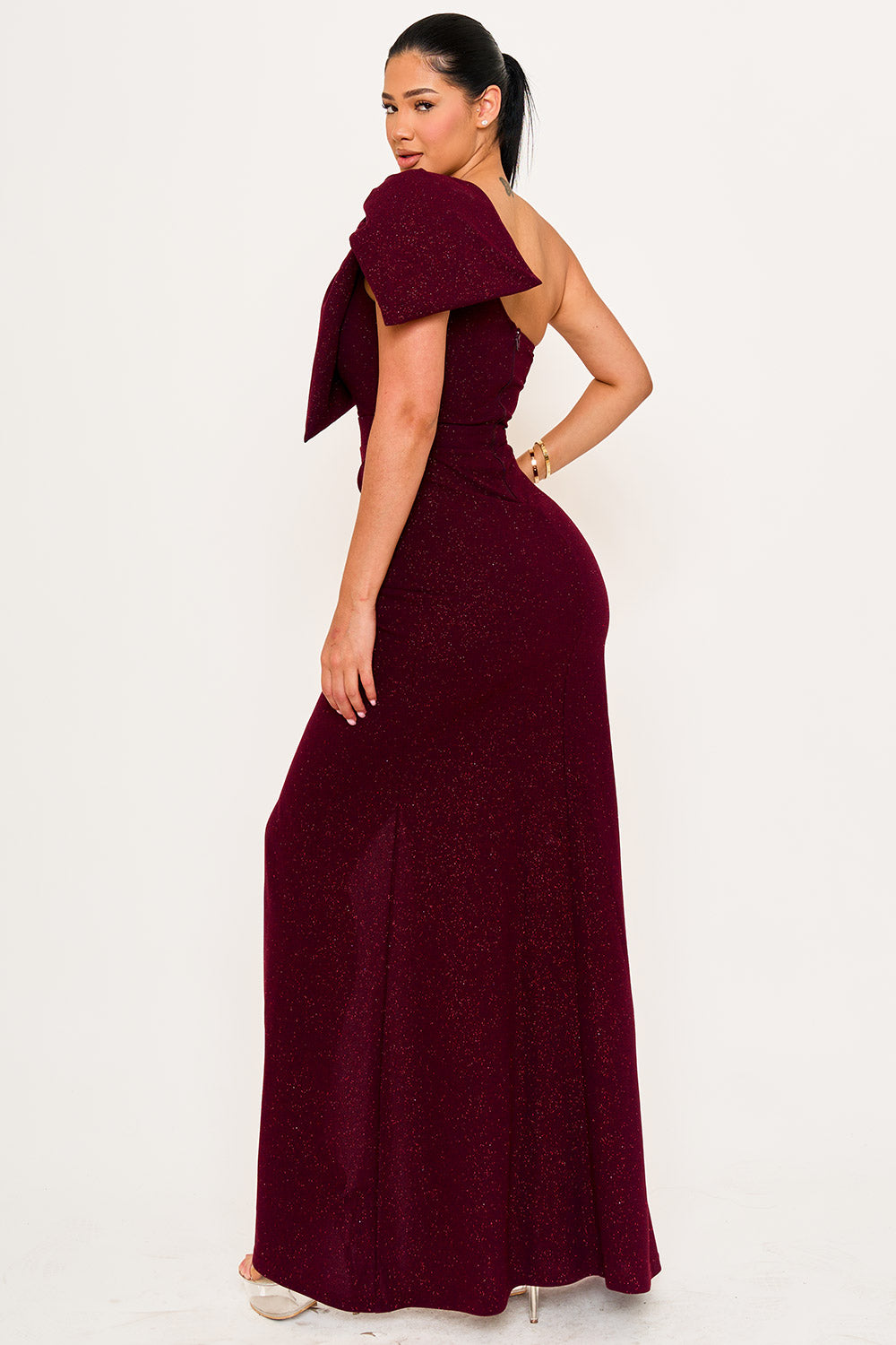 Symphony Dress - Glitter With One Shoulder Oversized Bow On Sleeve Maxi Dress | Zezebe