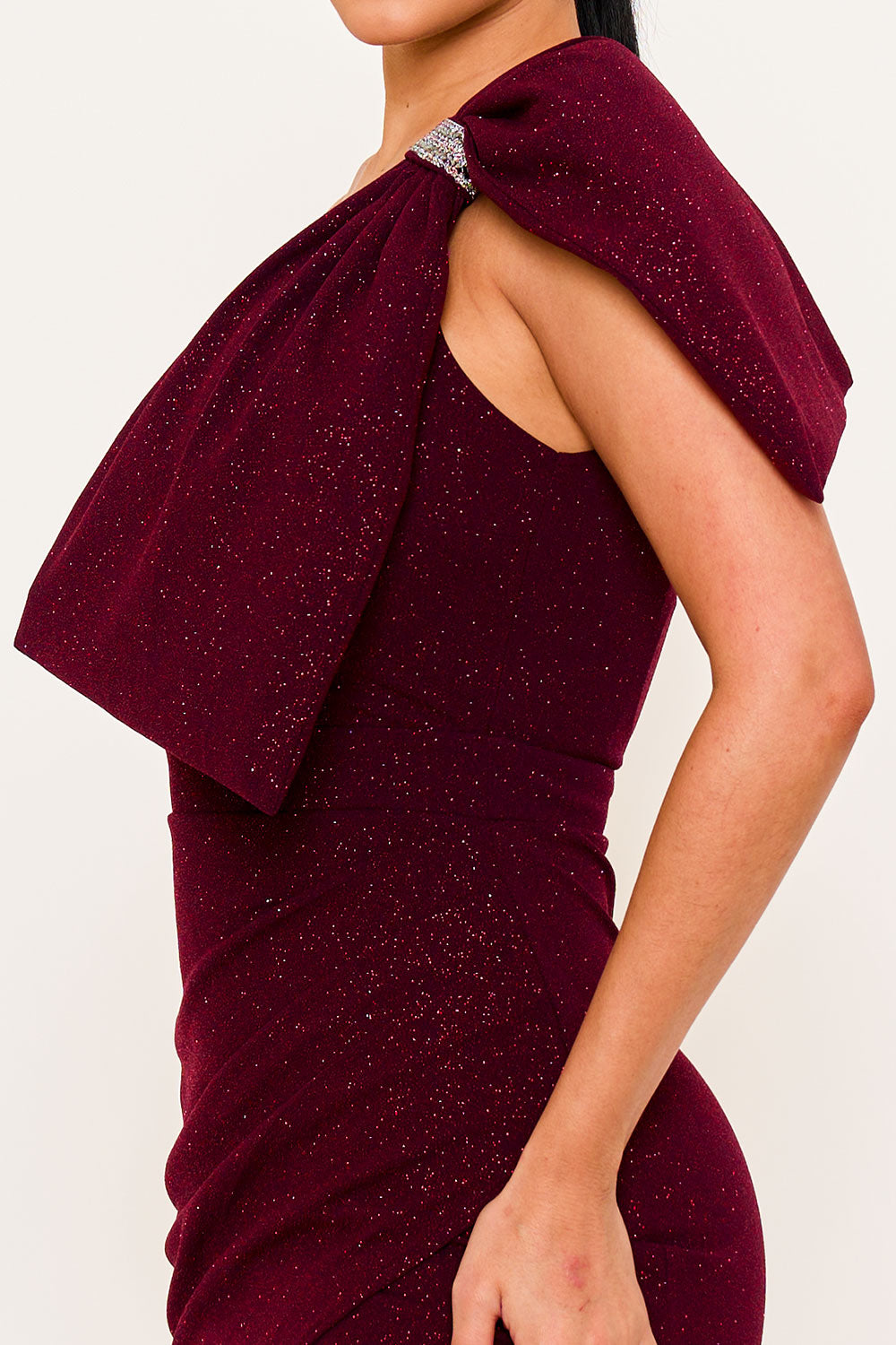Symphony Dress - Glitter With One Shoulder Oversized Bow On Sleeve Maxi Dress | Zezebe