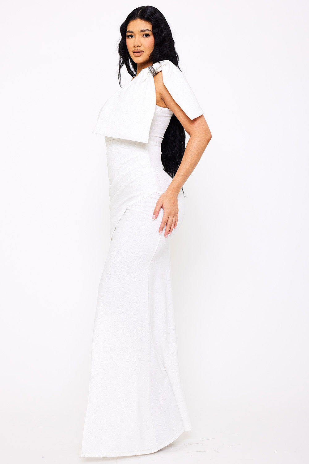 Symphony Dress - Glitter With One Shoulder Oversized Bow On Sleeve Maxi Dress | Zezebe