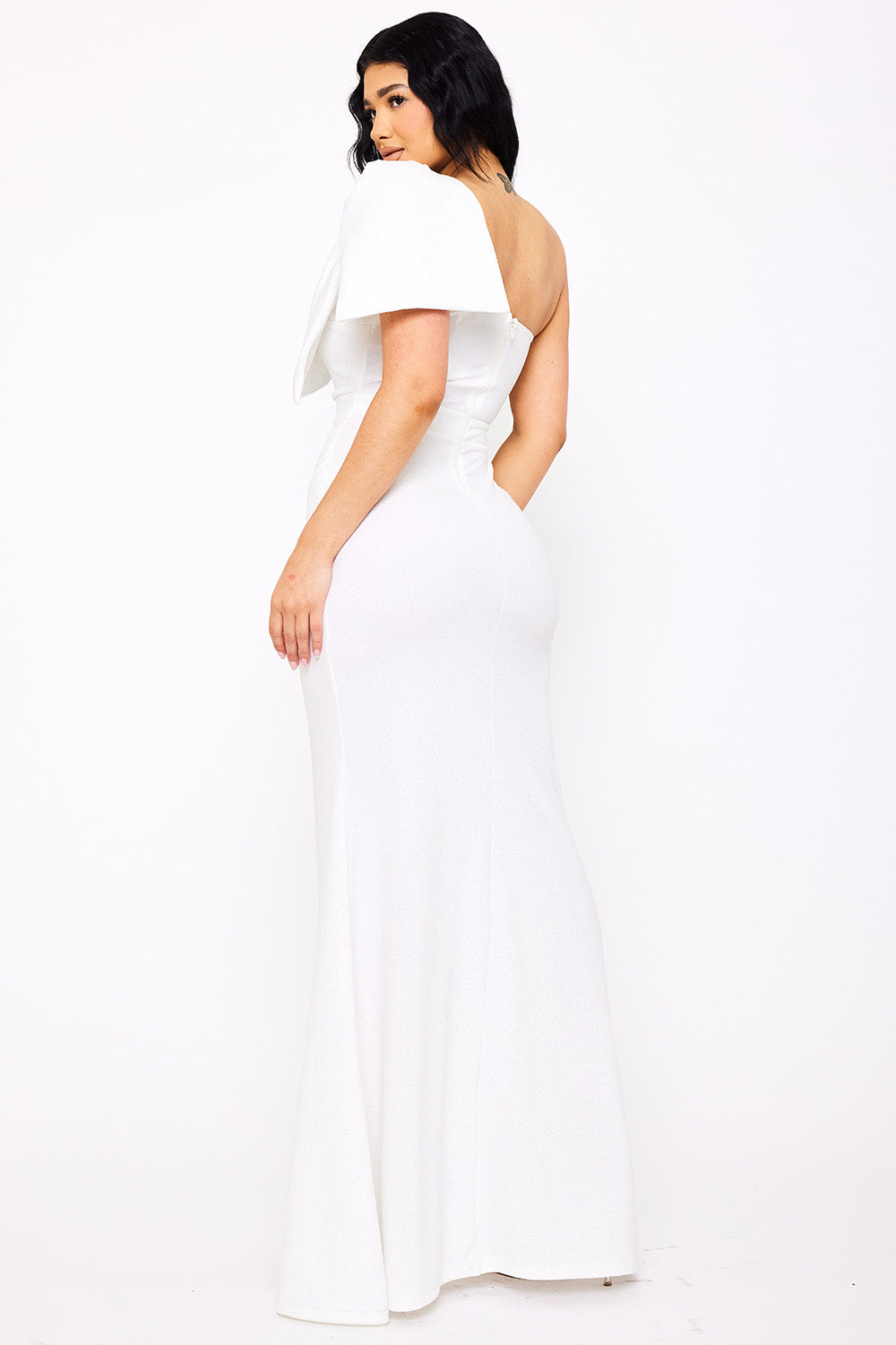 Symphony Dress - Glitter With One Shoulder Oversized Bow On Sleeve Maxi Dress | Zezebe