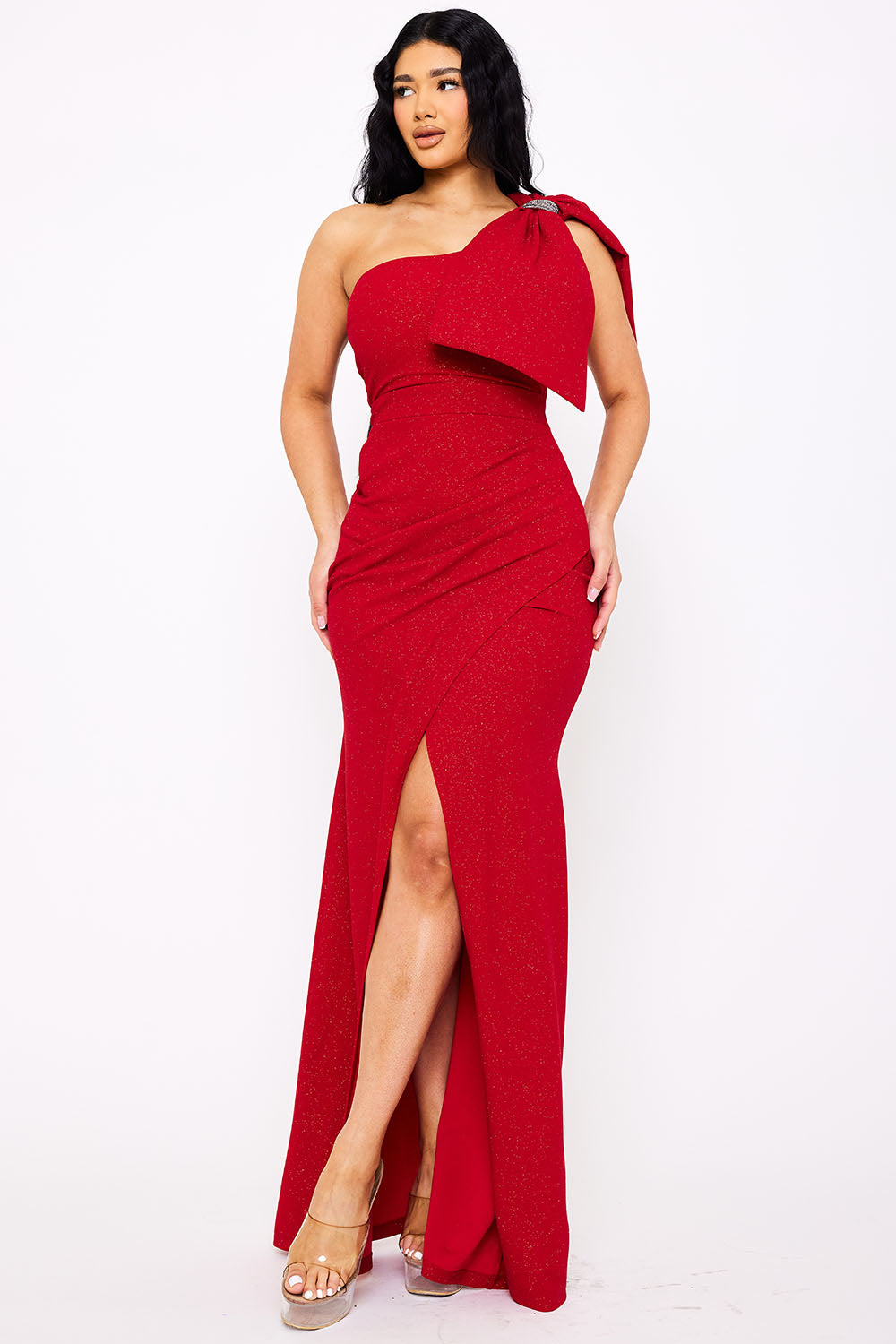 Symphony Dress - Glitter With One Shoulder Oversized Bow On Sleeve Maxi Dress | Zezebe