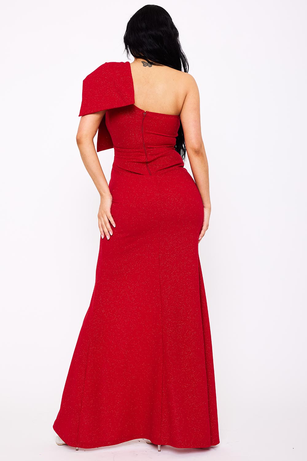 Symphony Dress - Glitter With One Shoulder Oversized Bow On Sleeve Maxi Dress | Zezebe