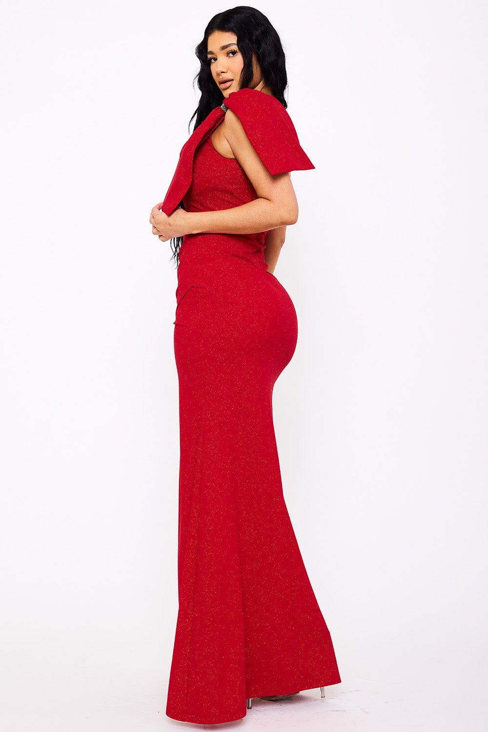 Symphony Dress - Glitter With One Shoulder Oversized Bow On Sleeve Maxi Dress | Zezebe