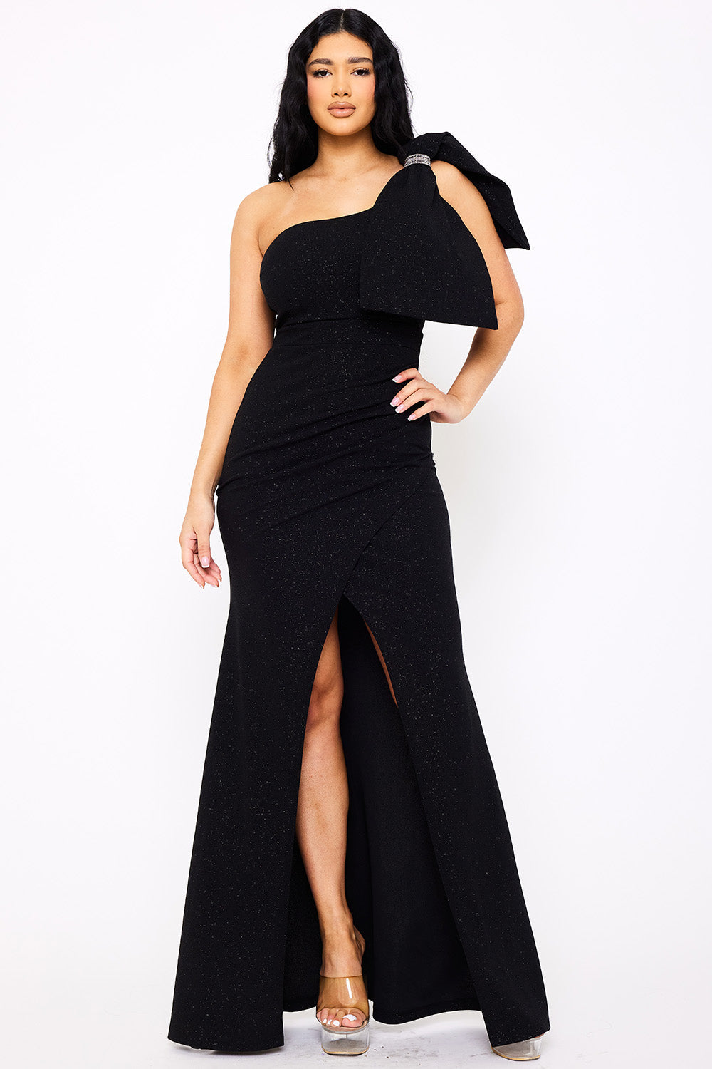 Symphony Dress - Glitter With One Shoulder Oversized Bow On Sleeve Maxi Dress | Zezebe