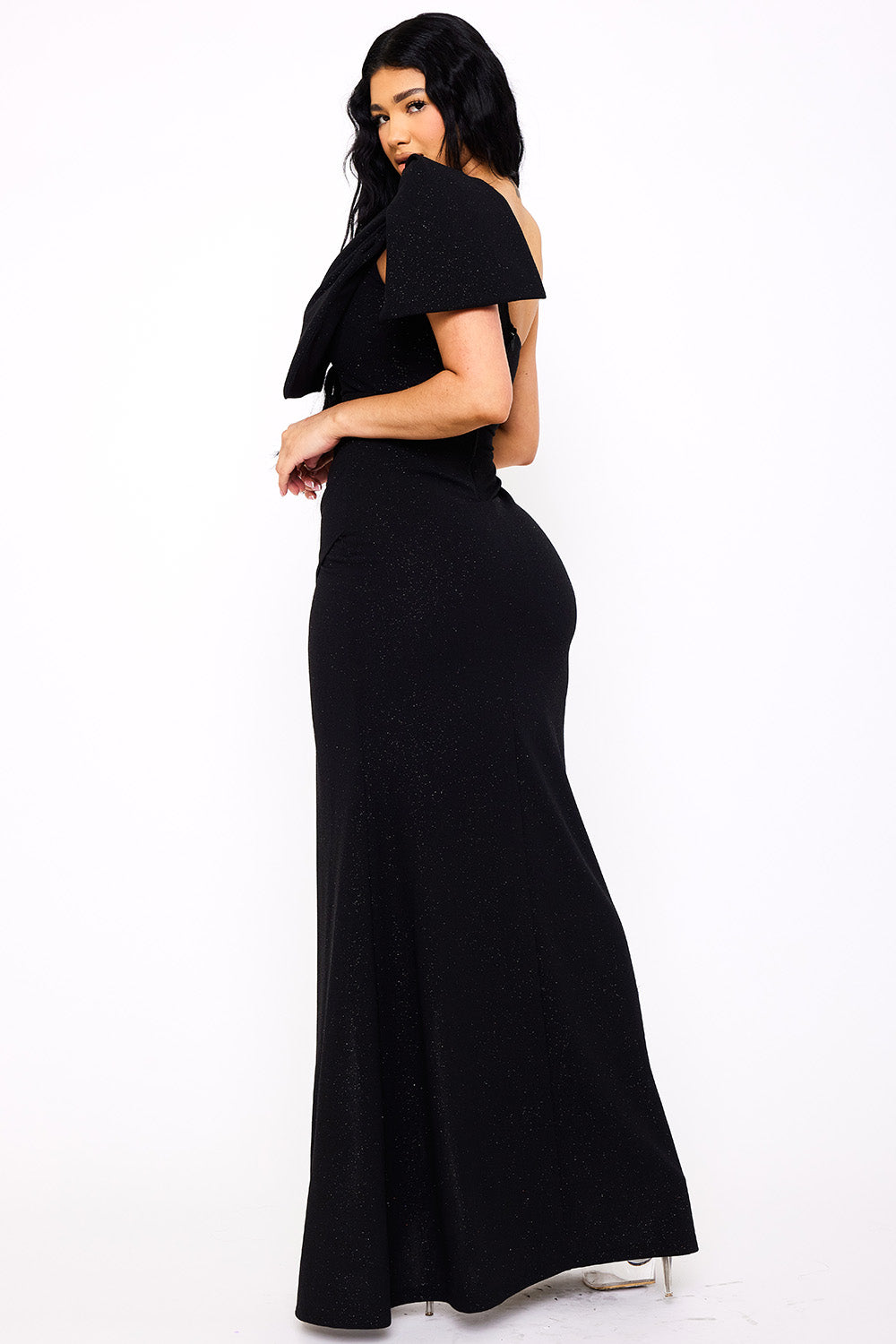 Symphony Dress - Glitter With One Shoulder Oversized Bow On Sleeve Maxi Dress | Zezebe