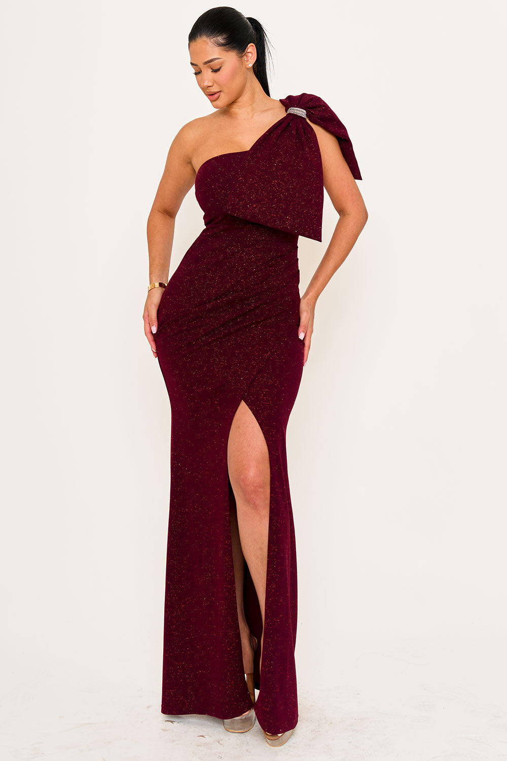 Symphony Dress - Glitter With One Shoulder Oversized Bow On Sleeve Maxi Dress | Zezebe