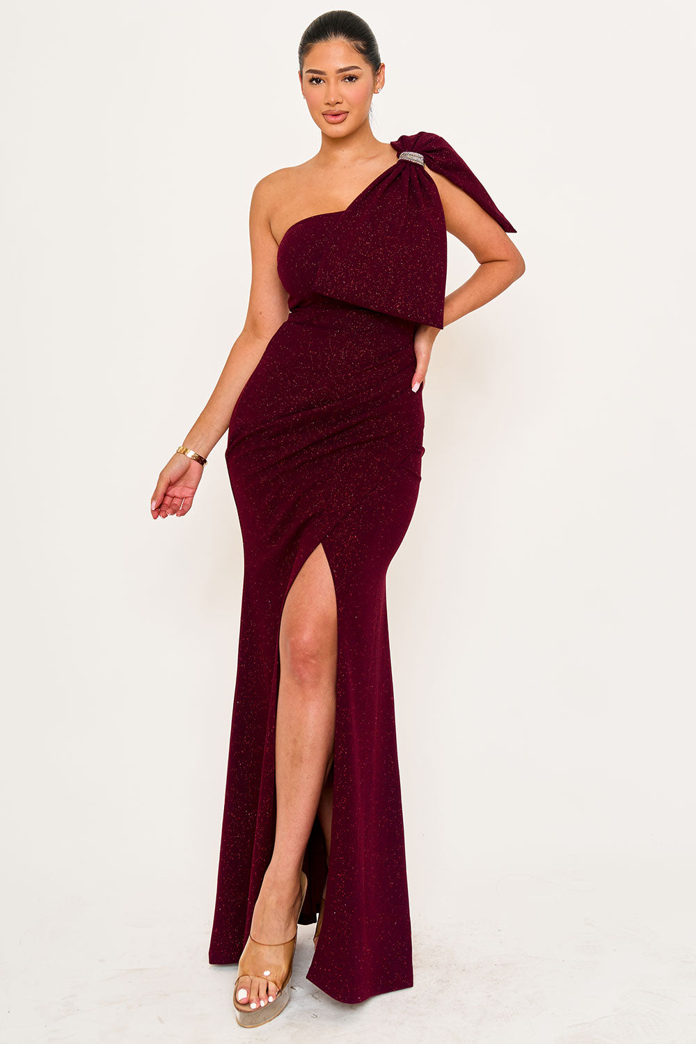 Symphony Dress - Glitter With One Shoulder Oversized Bow On Sleeve Maxi Dress | Zezebe