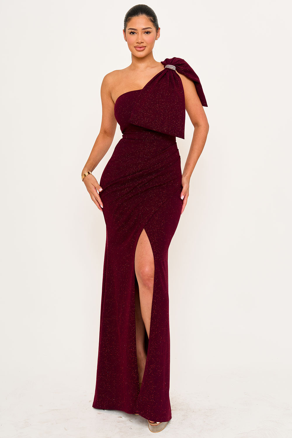 Symphony Dress - Glitter With One Shoulder Oversized Bow On Sleeve Maxi Dress | Zezebe
