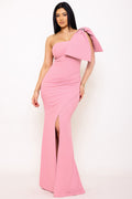 Symphony Dress - Glitter With One Shoulder Oversized Bow On Sleeve Maxi Dress | Zezebe