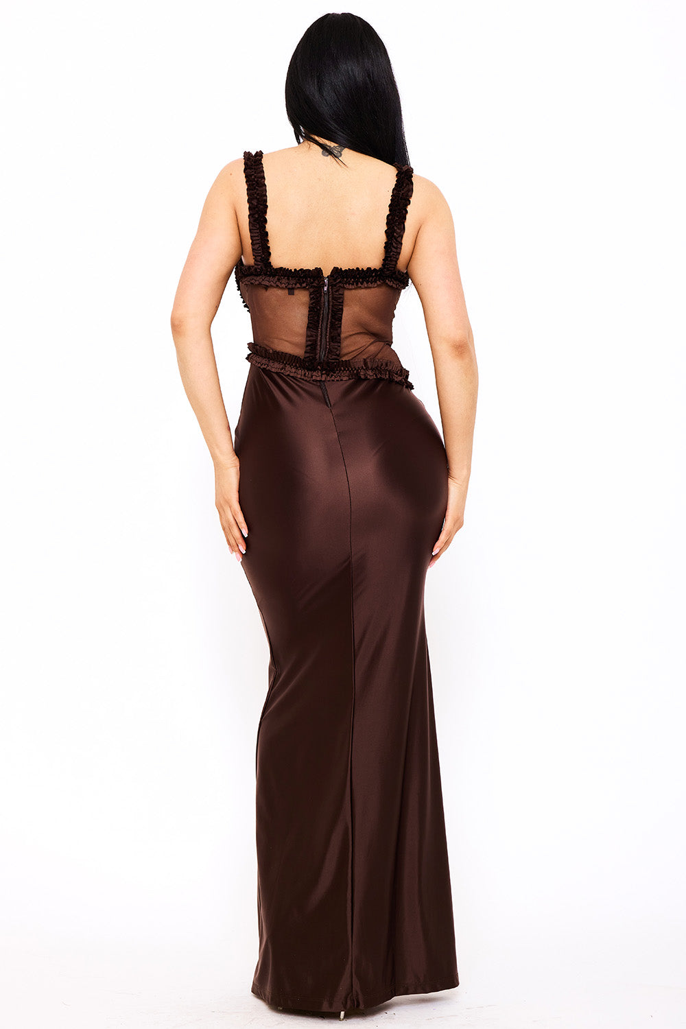 Symphony Dress - Ruffle Trim Detail On Satin Sheer Maxi Dress | Zezebe