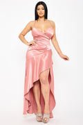 Symphony Dress - Satin Suplice Ruffle Hi-Low Maxi Dress | Zezebe
