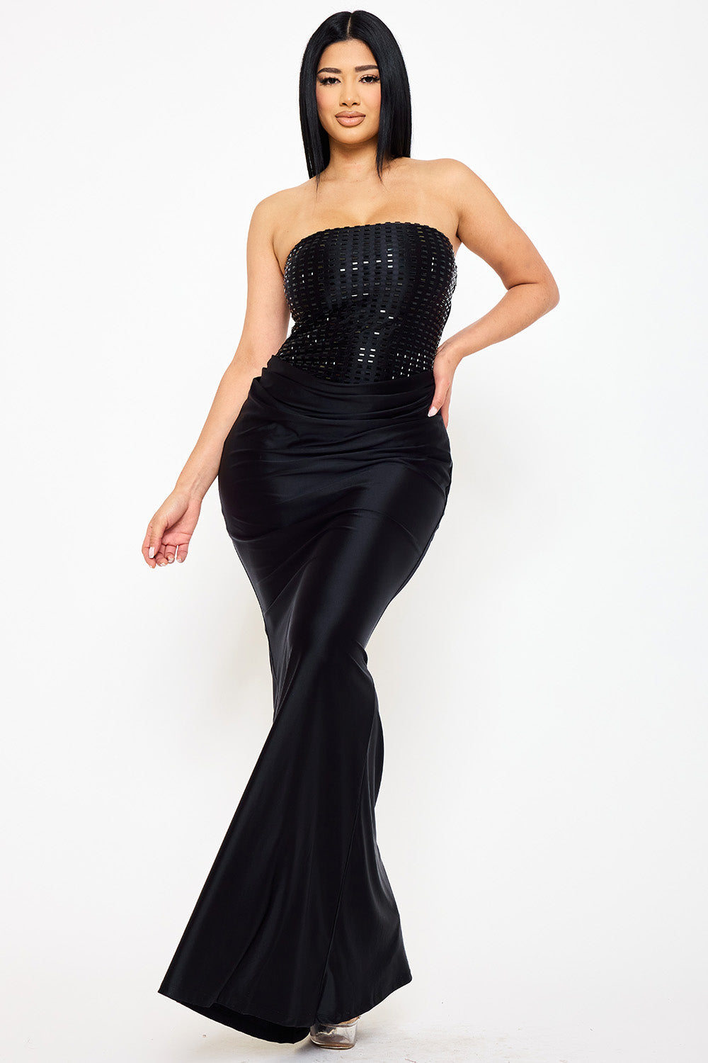 Symphony Dress - Rectangle Rhinestone Satin Mermaid Maxi Dress | Zezebe