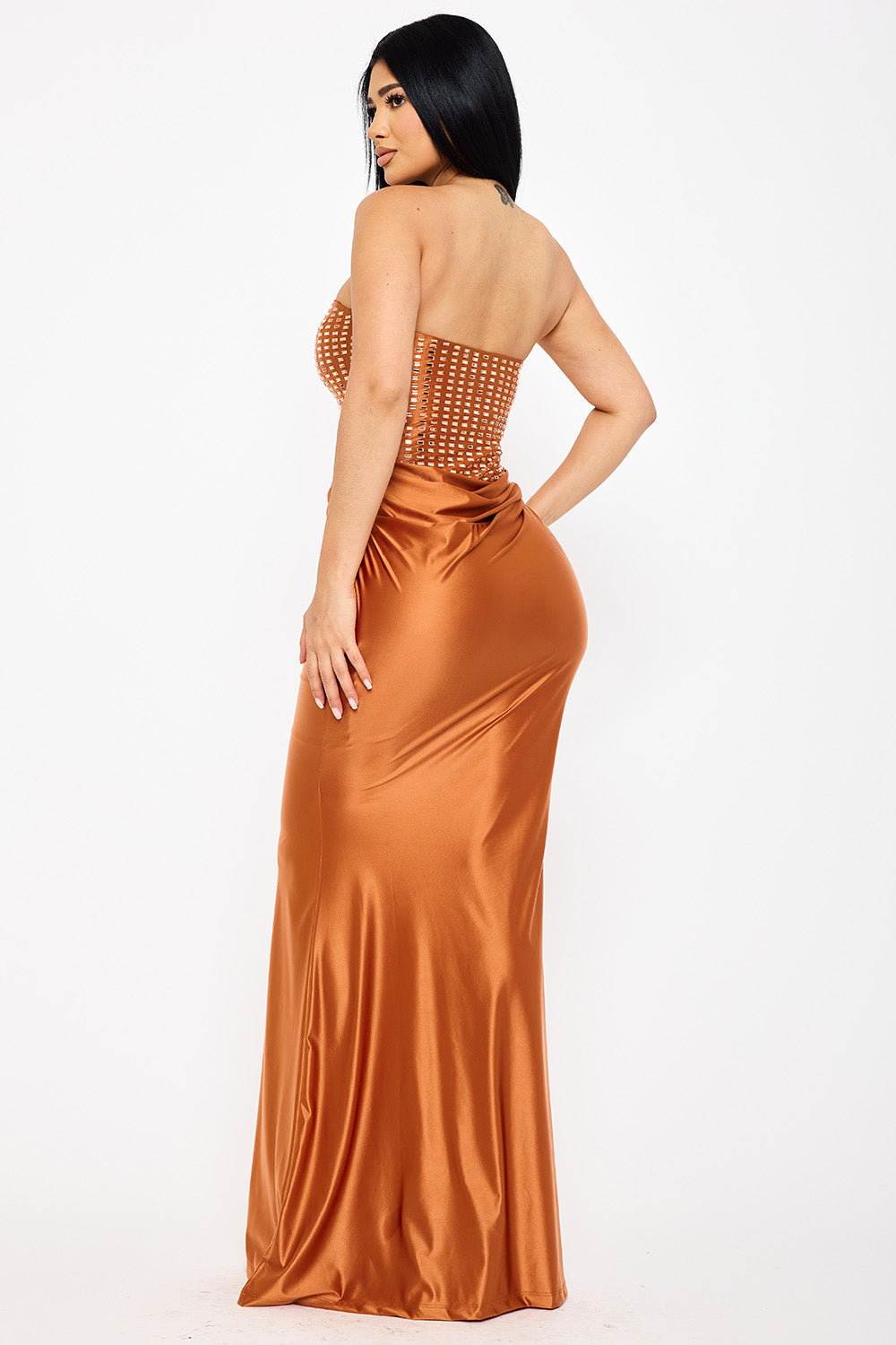 Symphony Dress - Rectangle Rhinestone Satin Mermaid Maxi Dress | Zezebe