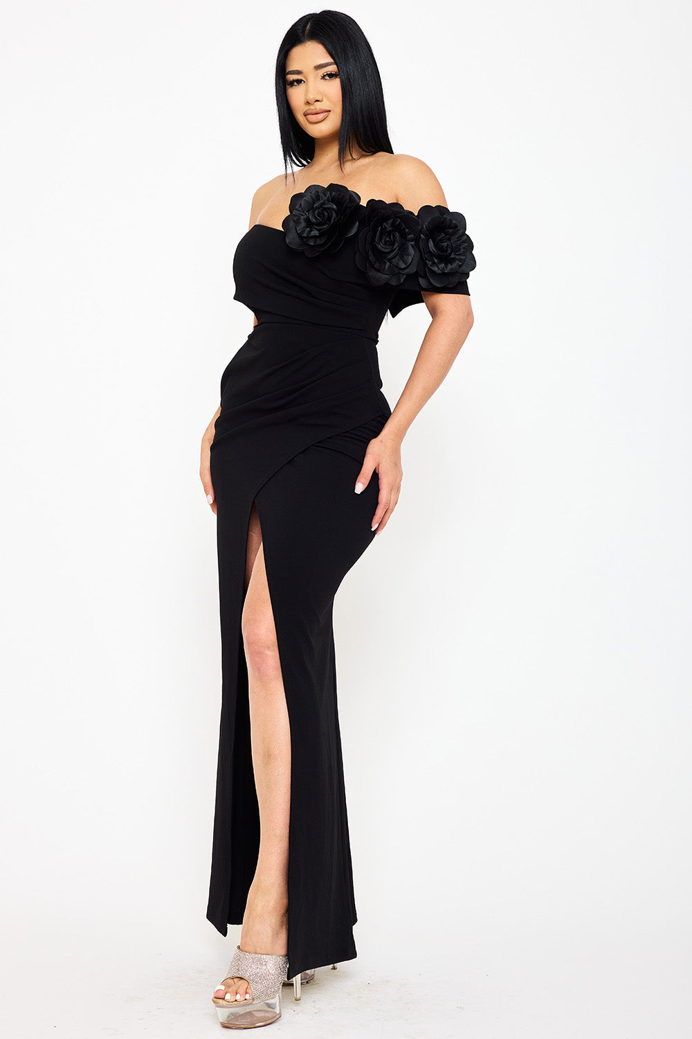 Symphony Dress - Flower Corsage On One Side Off The Shoulder Maxi Dress | Zezebe