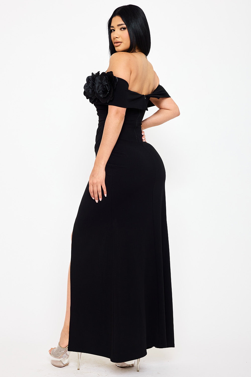 Symphony Dress - Flower Corsage On One Side Off The Shoulder Maxi Dress | Zezebe