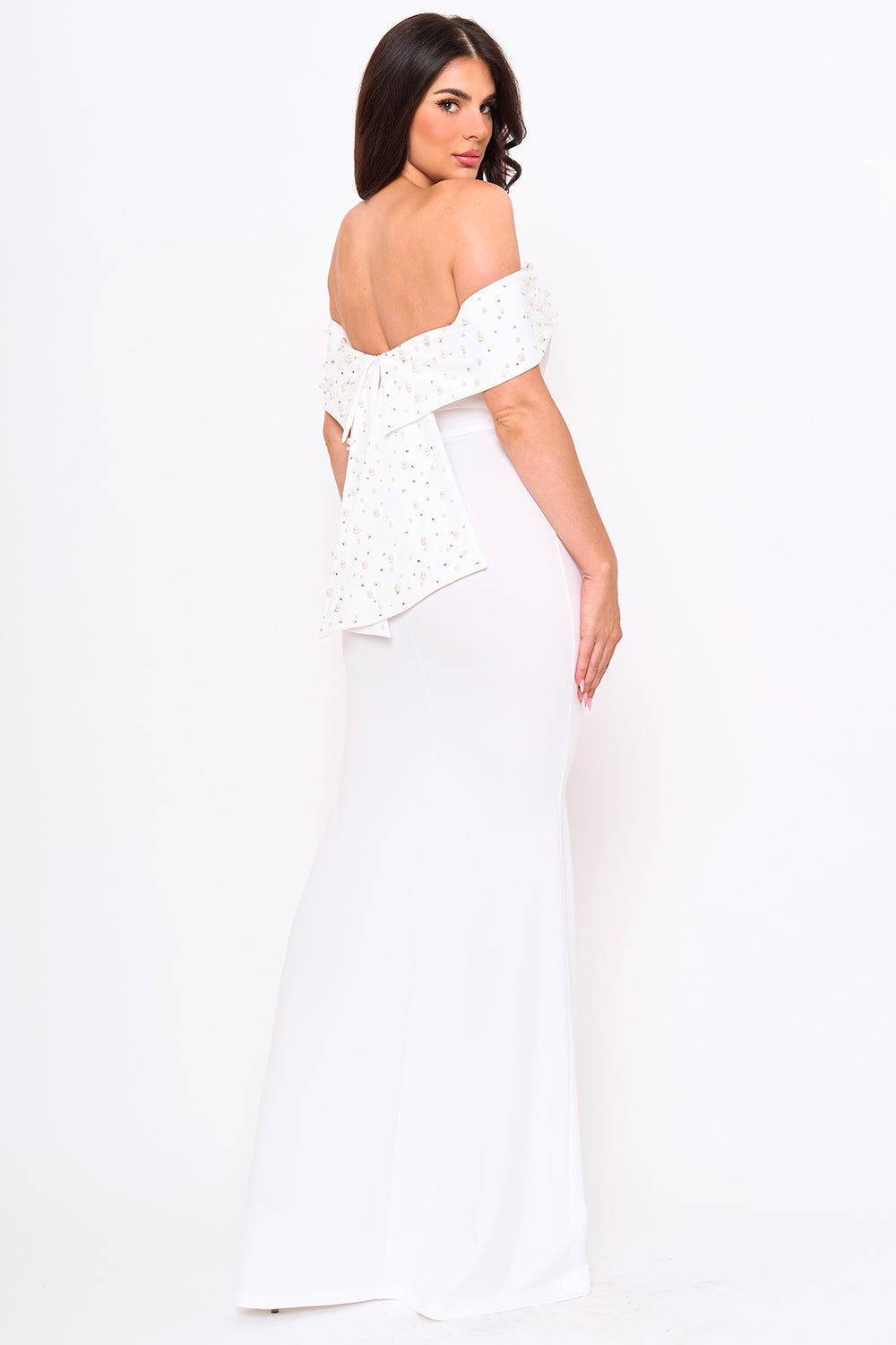 Symphony Dress - Pearl Beaded Detail Off The Shoulder Mermaid Maxi Dress | Zezebe