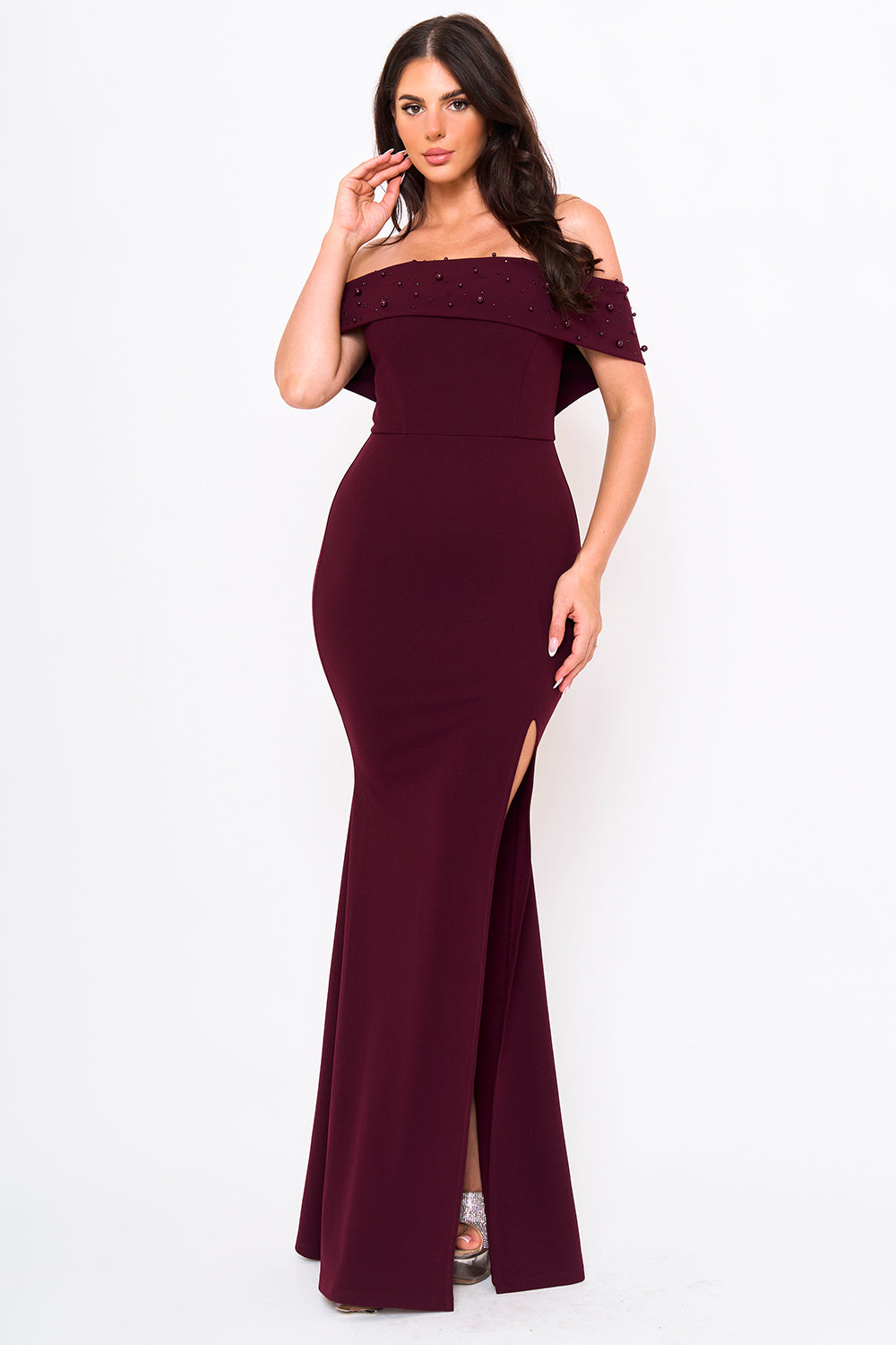 Symphony Dress - Pearl Beaded Detail Off The Shoulder Mermaid Maxi Dress | Zezebe