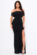 Symphony Dress - Pearl Beaded Detail Off The Shoulder Mermaid Maxi Dress | Zezebe