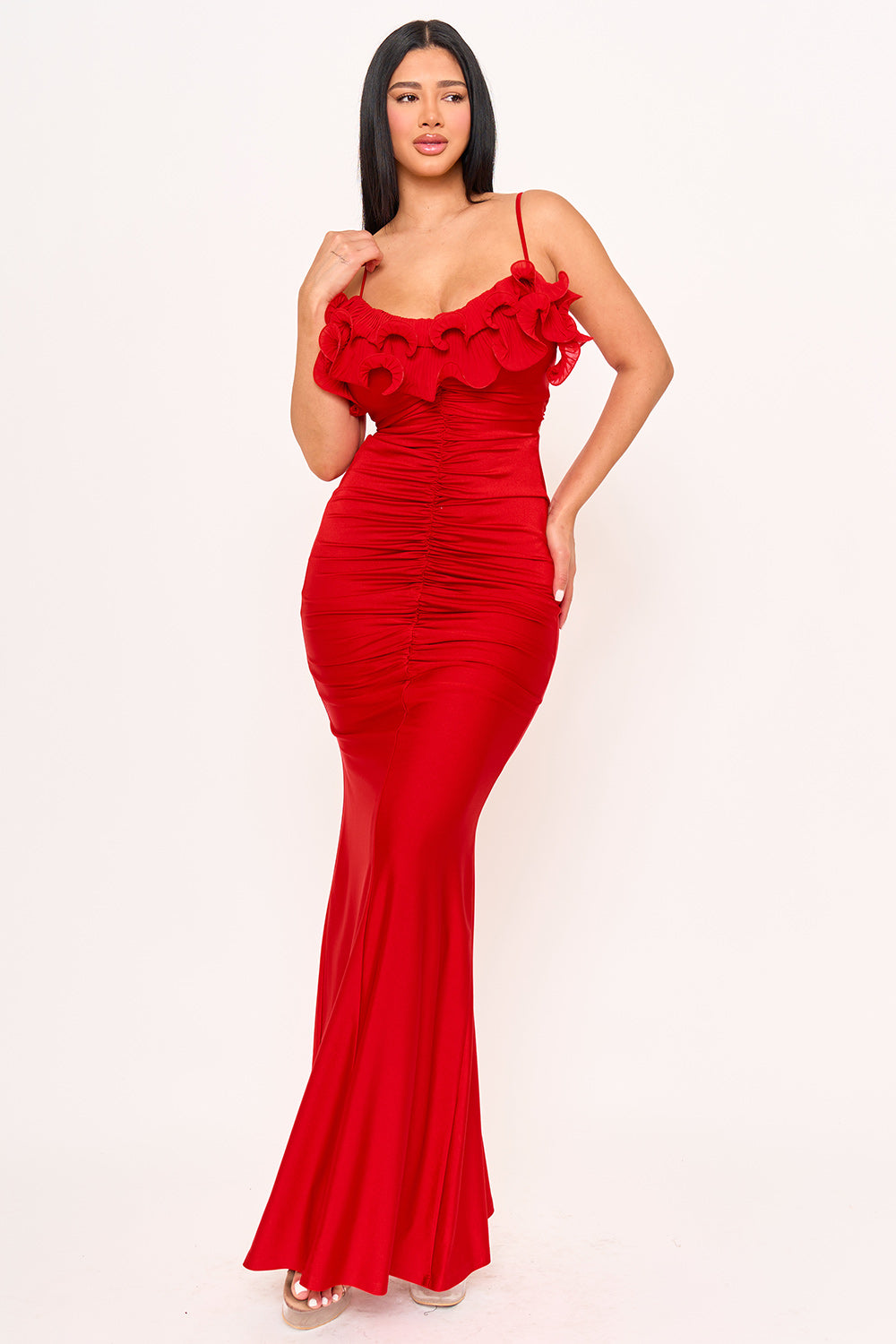 Symphony Dress - Pleated Ruffle On Power Satin Maxi Dress | Zezebe