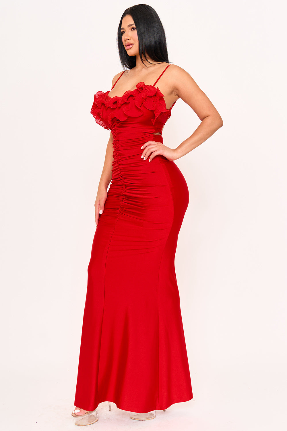 Symphony Dress - Pleated Ruffle On Power Satin Maxi Dress | Zezebe