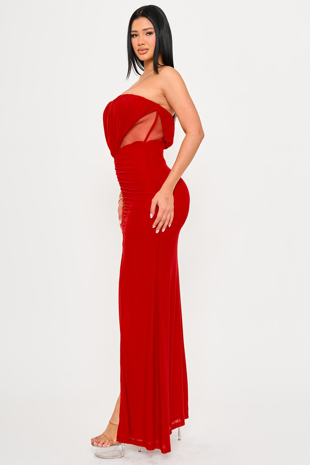 Symphony Dress - Shirring Detail With Mesh Side Maxi Dress | Zezebe