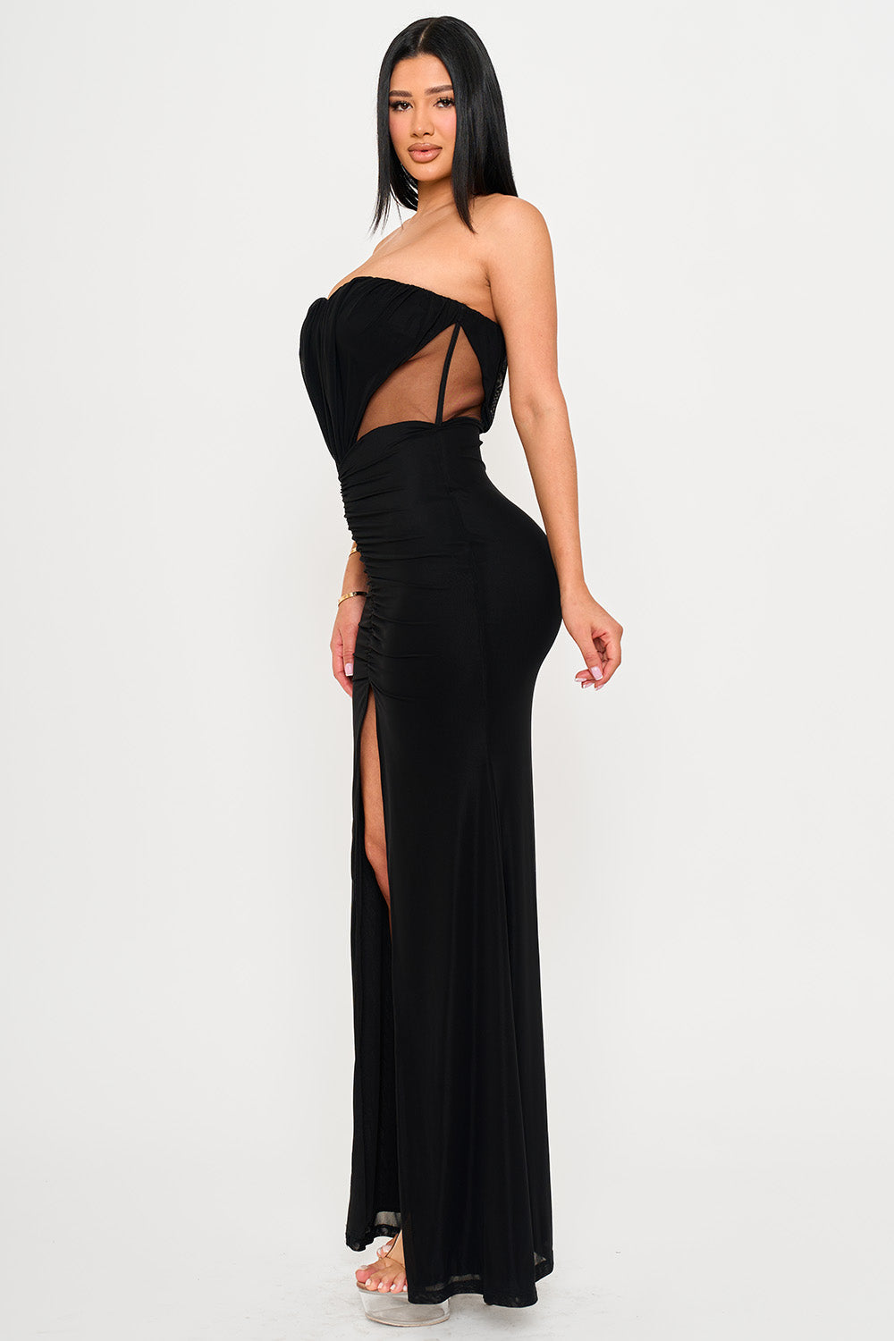 Symphony Dress - Shirring Detail With Mesh Side Maxi Dress | Zezebe