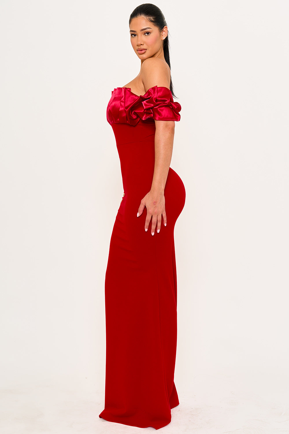 Symphony Dress - Satin Ruffle And Techno Crepe Contrast Maxi Dress | Zezebe