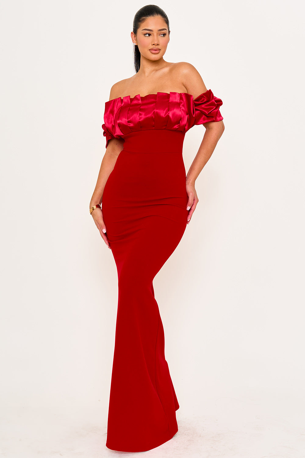 Symphony Dress - Satin Ruffle And Techno Crepe Contrast Maxi Dress | Zezebe