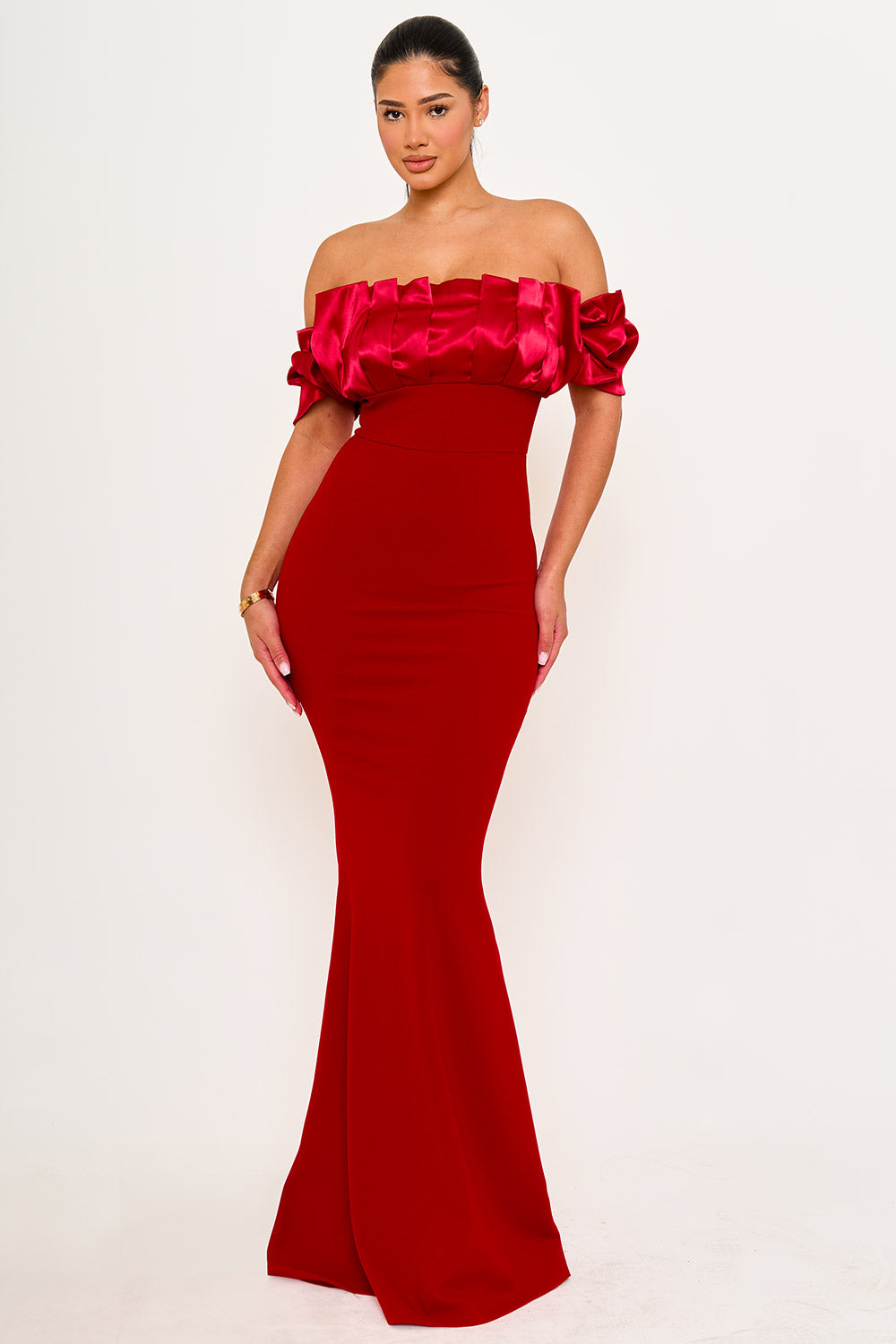 Symphony Dress - Satin Ruffle And Techno Crepe Contrast Maxi Dress | Zezebe