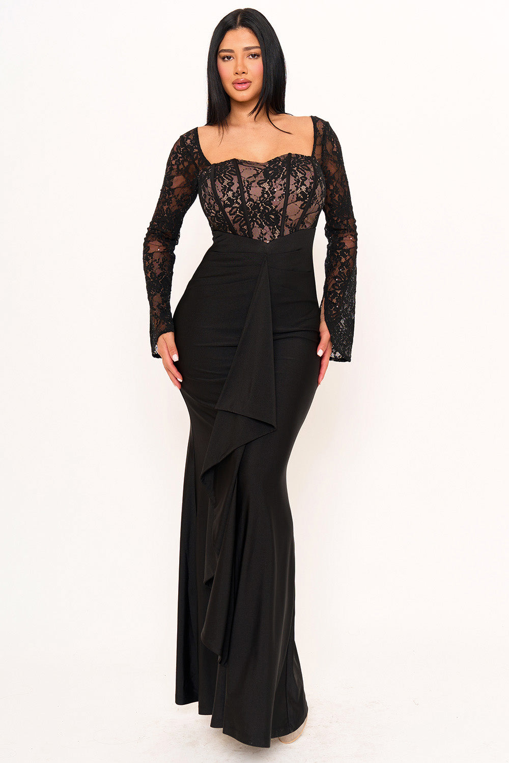 Symphony Dress - Satin And Lace Fabric Contrast Maxi Dress | Zezebe