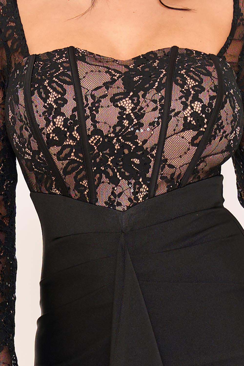 Symphony Dress - Satin And Lace Fabric Contrast Maxi Dress | Zezebe