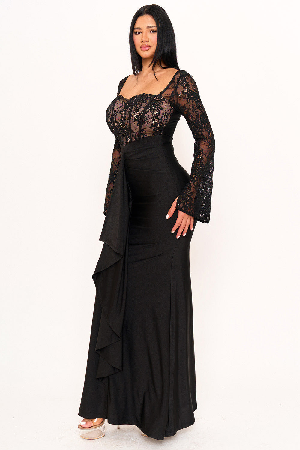 Symphony Dress - Satin And Lace Fabric Contrast Maxi Dress | Zezebe
