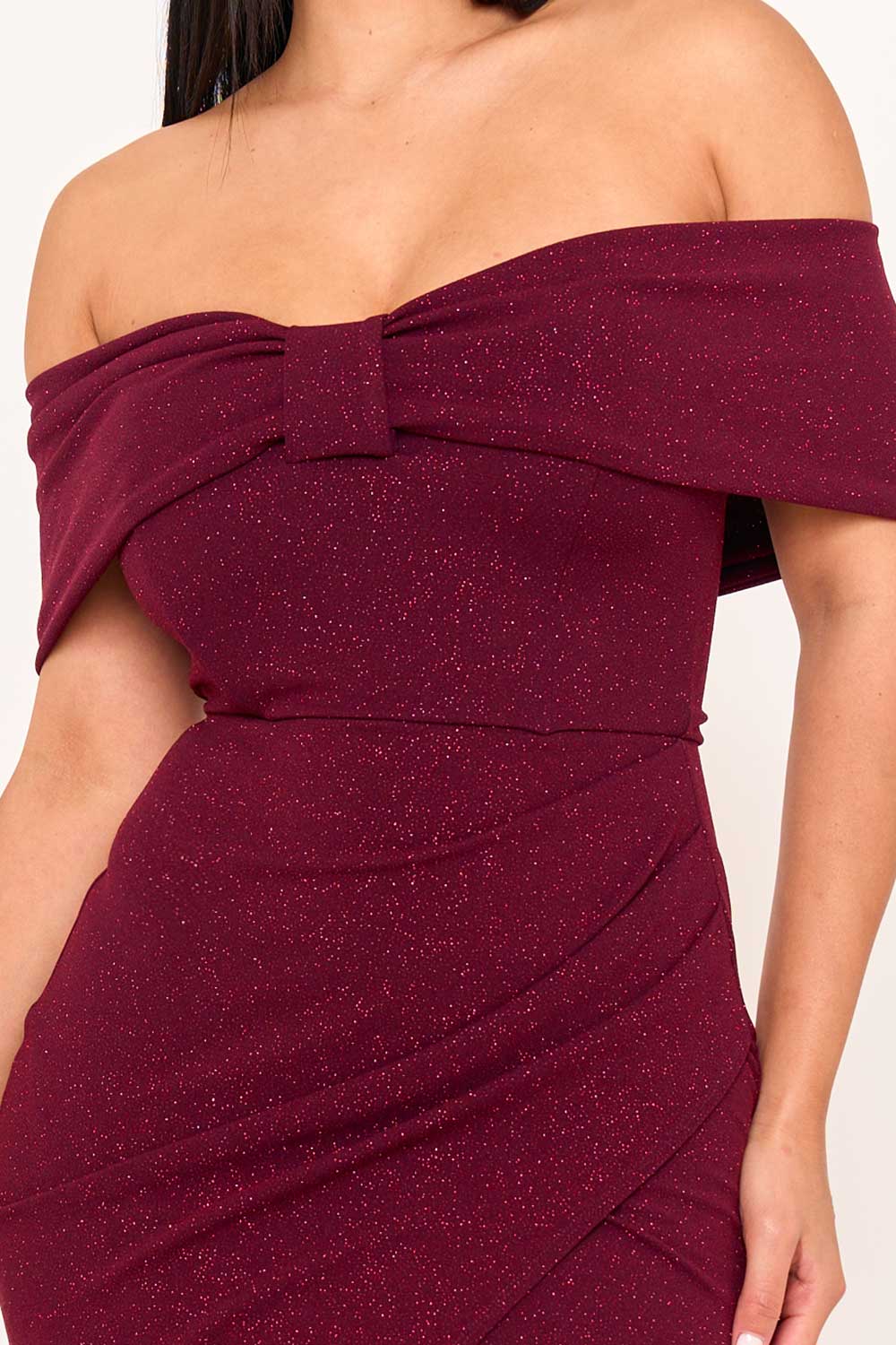 Symphony Dress - Glitter Bow Front Off The Shoulder Maxi Dress | Zezebe