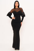 Symphony Dress - Pearls On Mesh With Puff Sleeve Maxi Dress | Zezebe