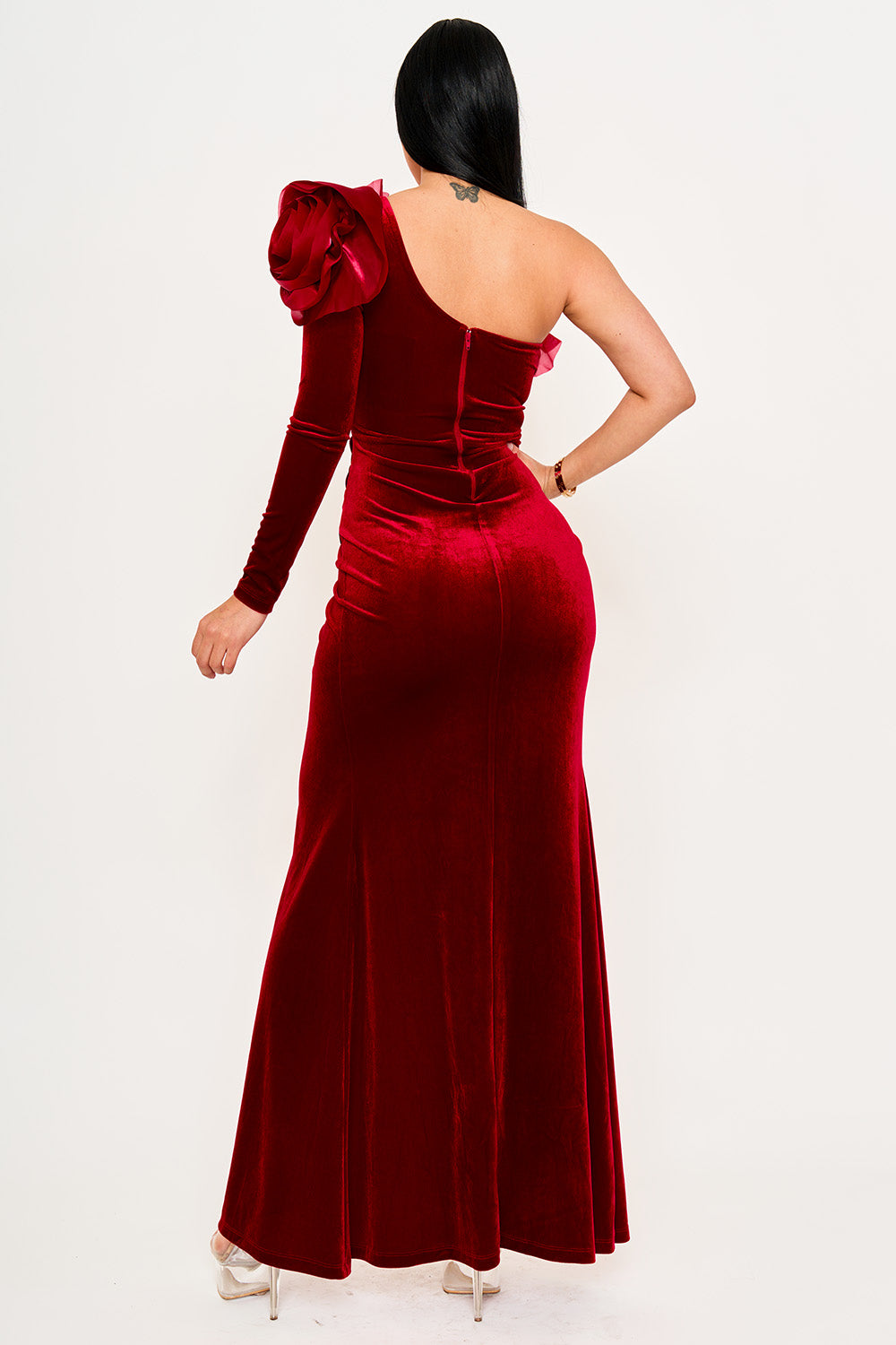Symphony Dress - Mesh Ruffle On Velvet One Shoulder Maxi Dress | Zezebe
