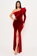 Symphony Dress - Mesh Ruffle On Velvet One Shoulder Maxi Dress | Zezebe