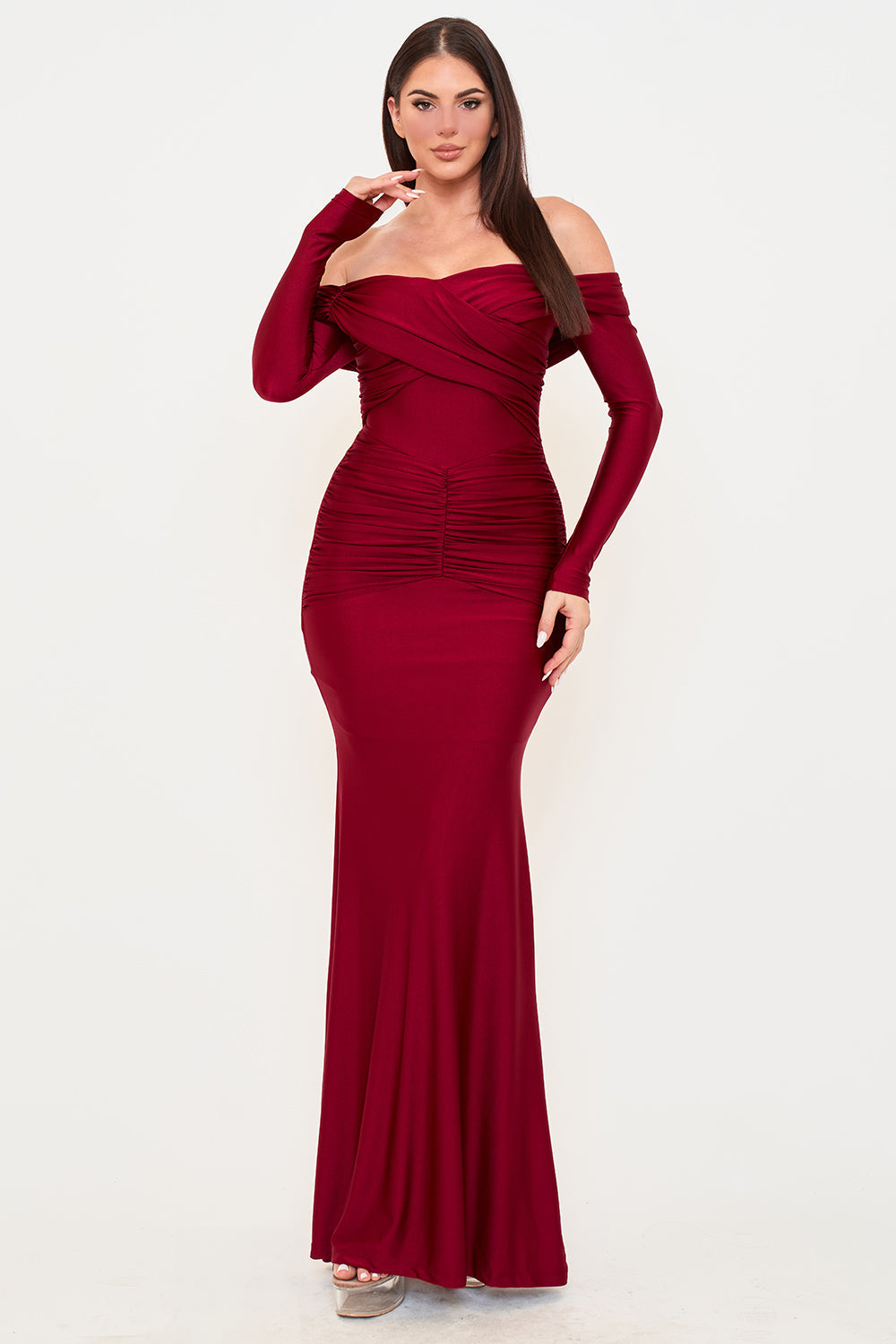 Symphony Dress - Pleated Details On Stretch Satin Mermaid Maxi Dress | Zezebe