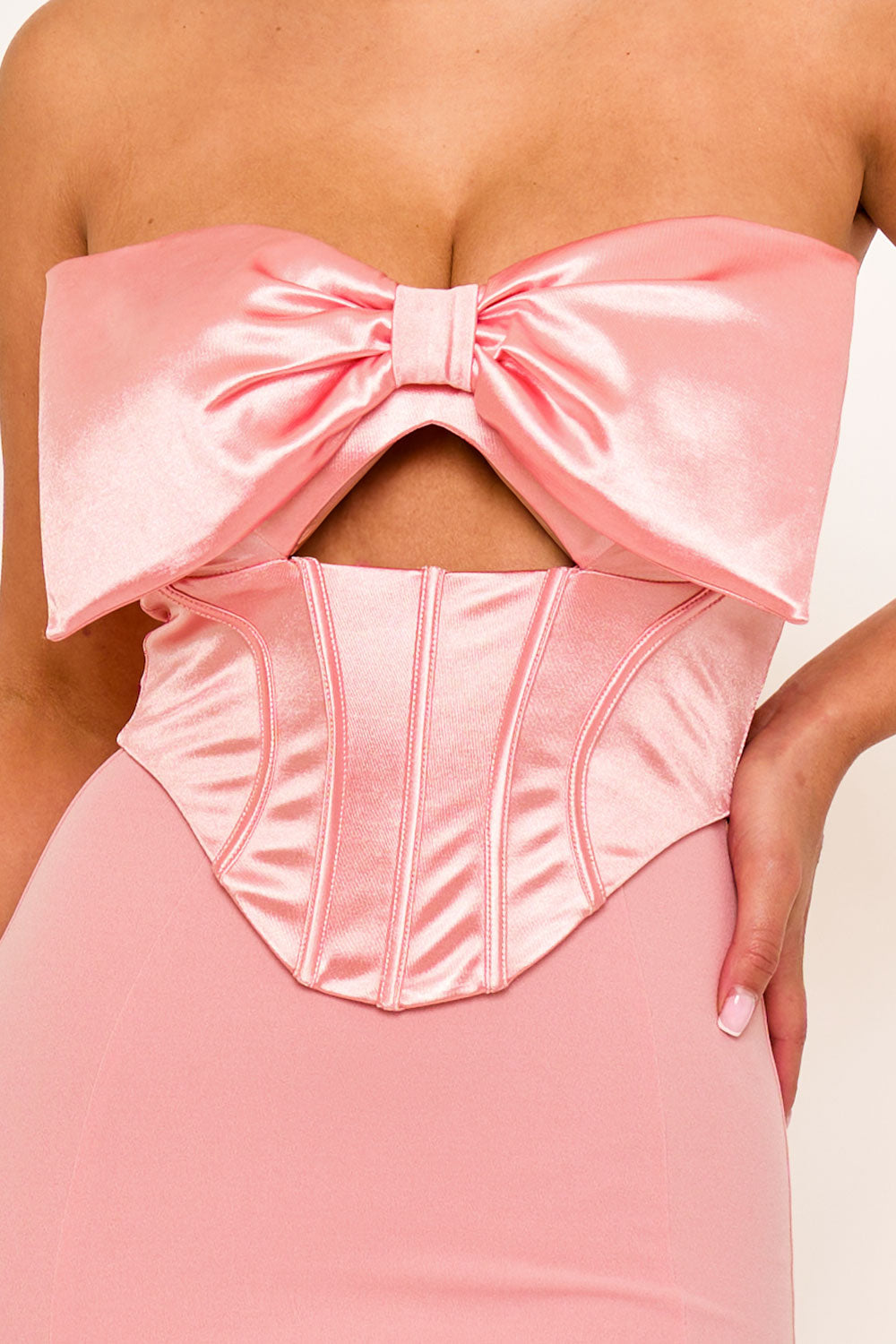 Symphony Dress - Satin Bow Bra Top With Contrast Fabric Maxi Dress | Zezebe