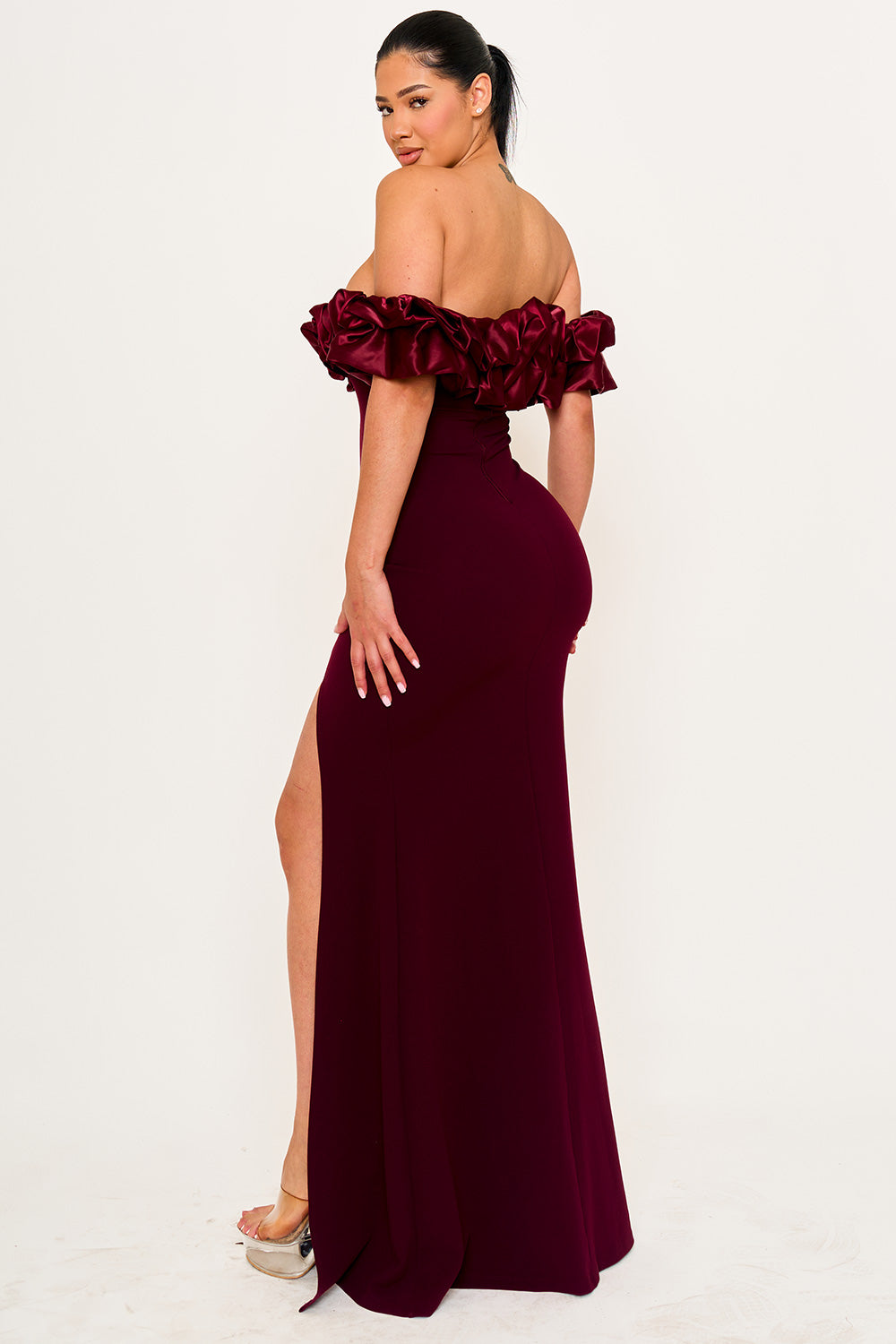 Symphony Dress - Satin Ruffle On Shoulder Maxi Dress | Zezebe