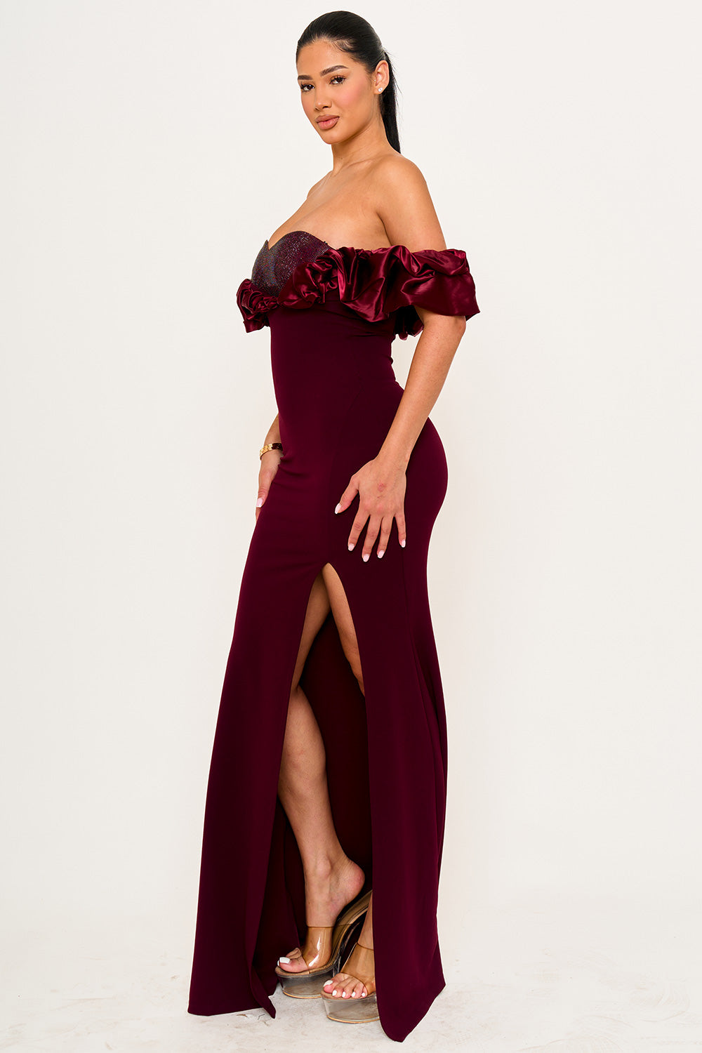 Symphony Dress - Satin Ruffle On Shoulder Maxi Dress | Zezebe