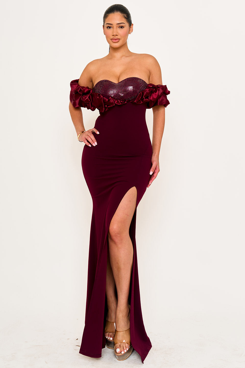 Symphony Dress - Satin Ruffle On Shoulder Maxi Dress | Zezebe