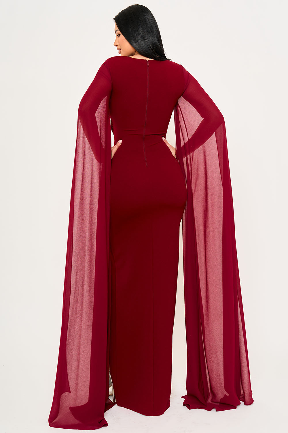Symphony Dress - Mesh Long Cape Sleeve With Slit Maxi Dress | Zezebe